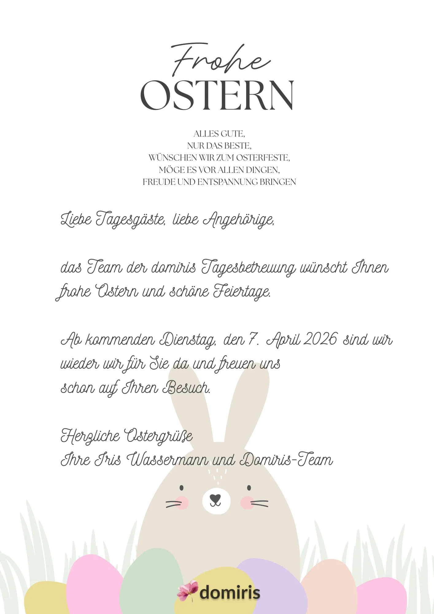 Frohe Ostern - Das Team der domiris Tagesbetreuung wünscht Ihnen frohe Ostern und schöne Feiertage.